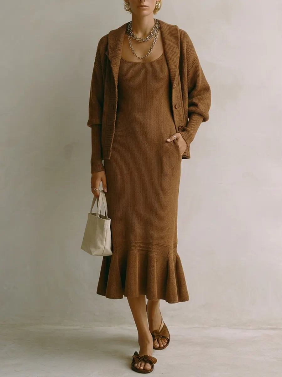 Earthy Boho Knit Cardigan & Mermaid Midi Dress Set