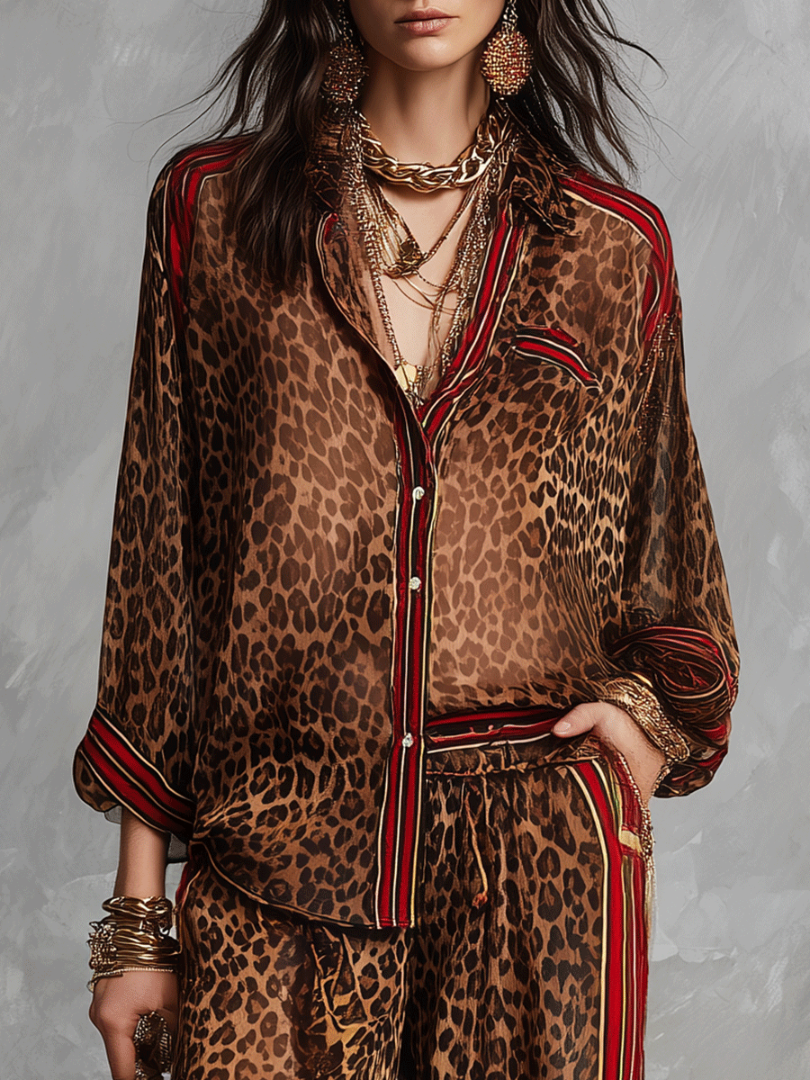 Glam Vacation Sheer Leopard Red-Trim Collared Brown Shirt & Trouser Set