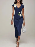 Purplish Blue Embroidery Applique Sheath Midi Dress
