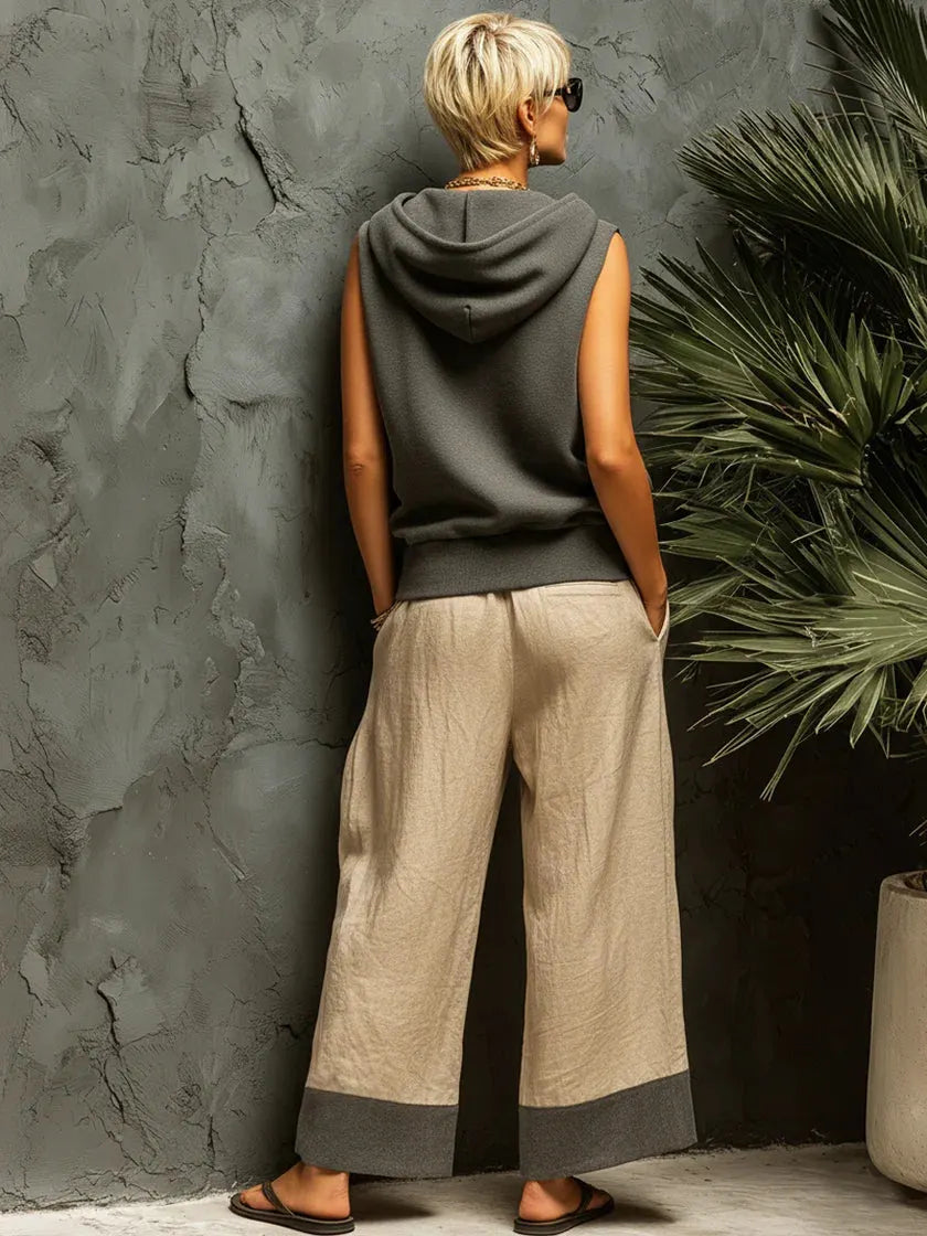 Casual Color-block Linen And Cotton Trousers