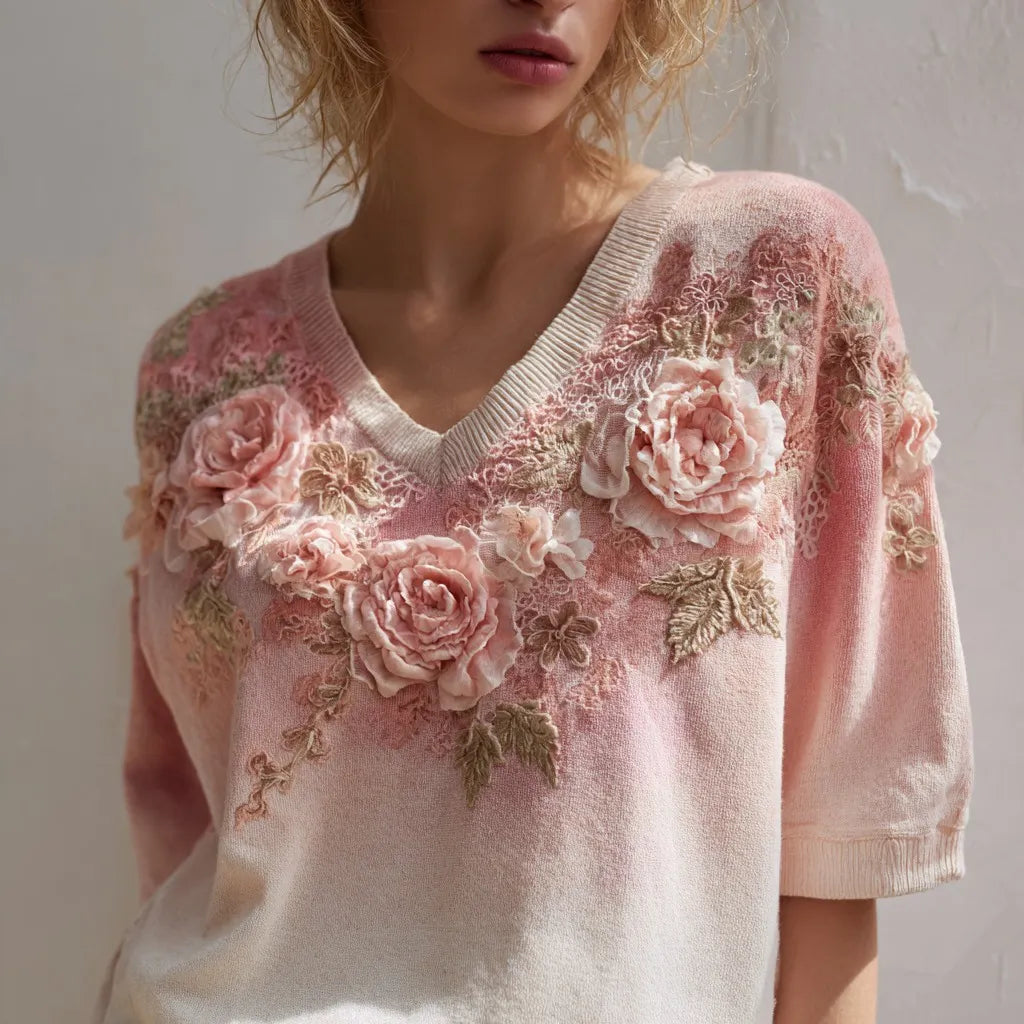 Women's Fashion Rose Embroidery Gradient Cotton V Neck T-shirt