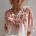 Women's Fashion Rose Embroidery Gradient Cotton V Neck T-shirt