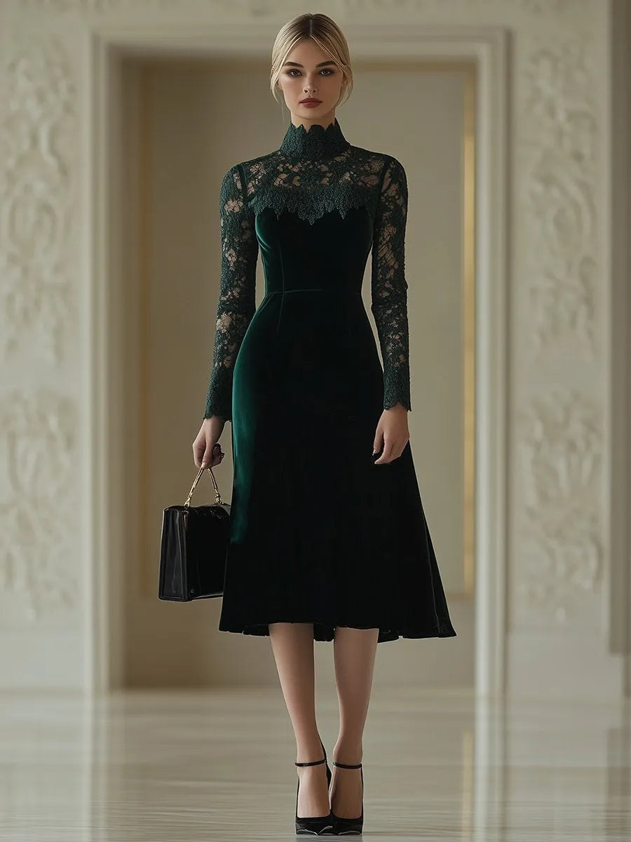 [24-hour shipping out]Elegant Retro Velvet Stitching Lace High Collar Long Sleeve Midi Dress