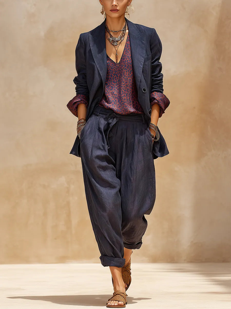 Bohemian Cotton Linen Midnight Blue Leopard Print Suit