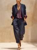 Bohemian Cotton Linen Midnight Blue Leopard Print Suit