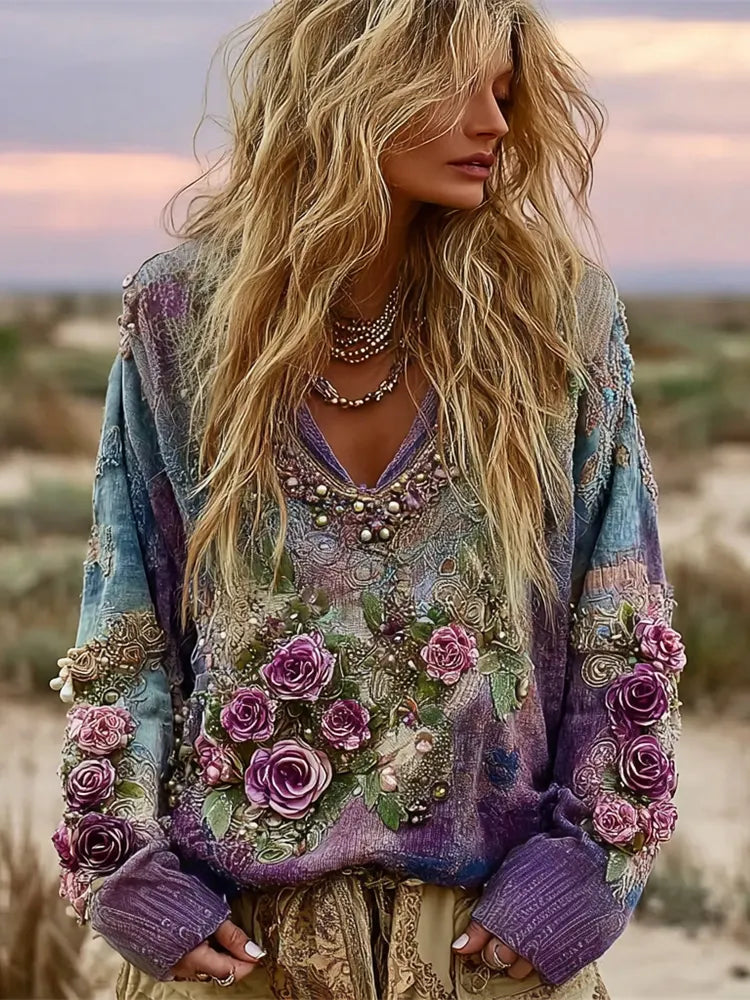 Vintage Boho 3d Floral Women's V-neck Sweater