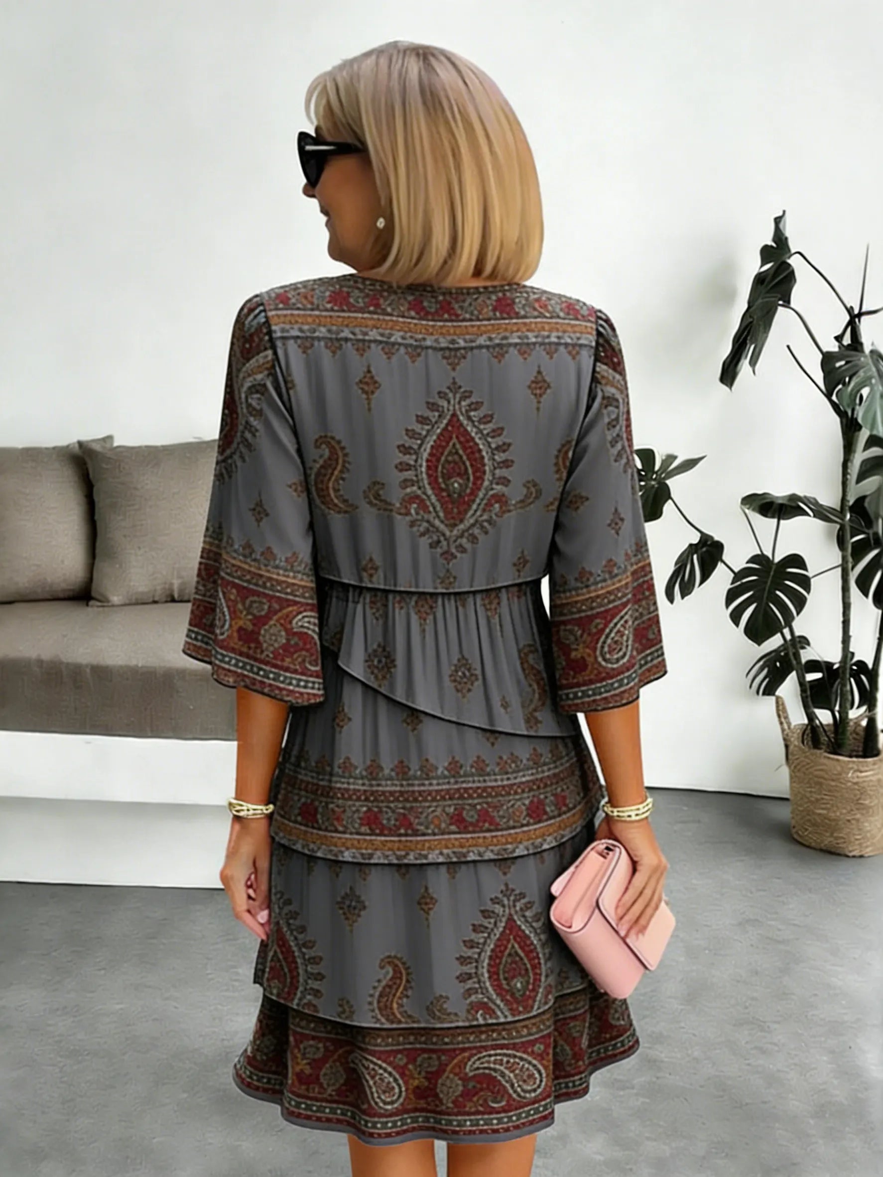 Chiffon Vacation Prints Color Round Neck Cake Skirt Splicing Dress Mid-length