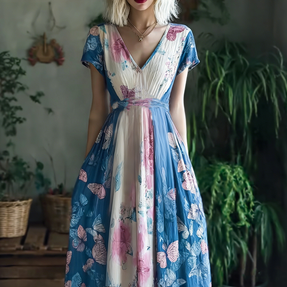 Retro Butterfly Print Transgender Colorblock Patchwork Dress
