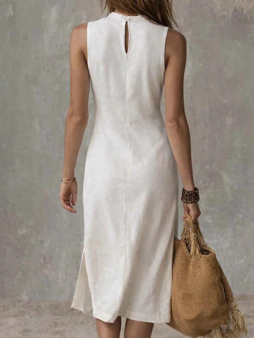 Elegant Sleeveless Mock Neck Midi Dress | Chic High-Waisted A-Line Party Dress