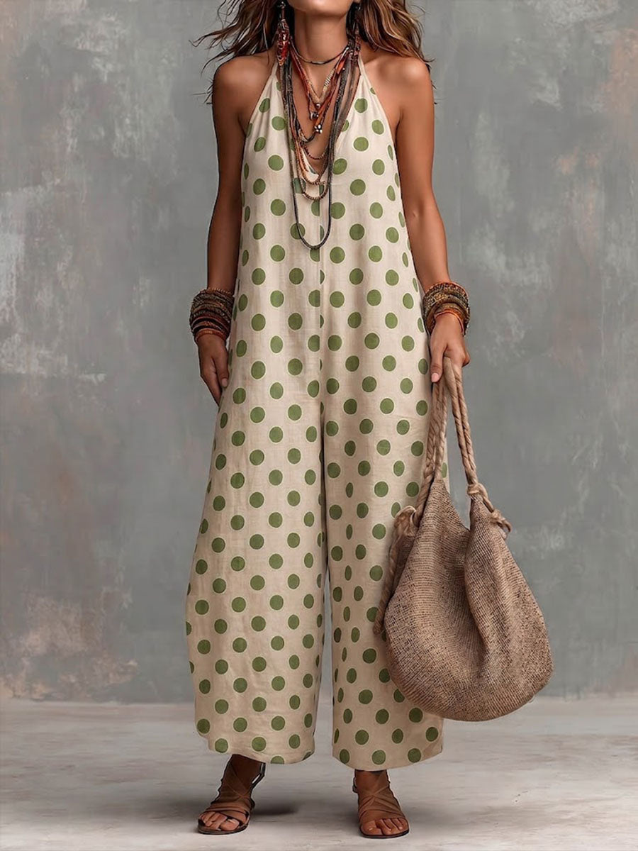 Women's Polka Dot Print V-neck Sleeveless Casual Loose-fit Cotton-linen Wide-leg Jumpsuit