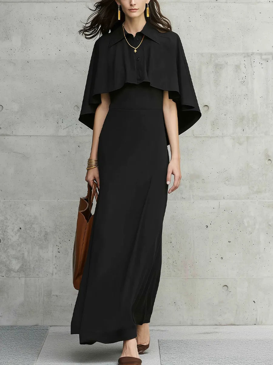 Elegant Black Cape Sleeve Button Front Maxi Dress