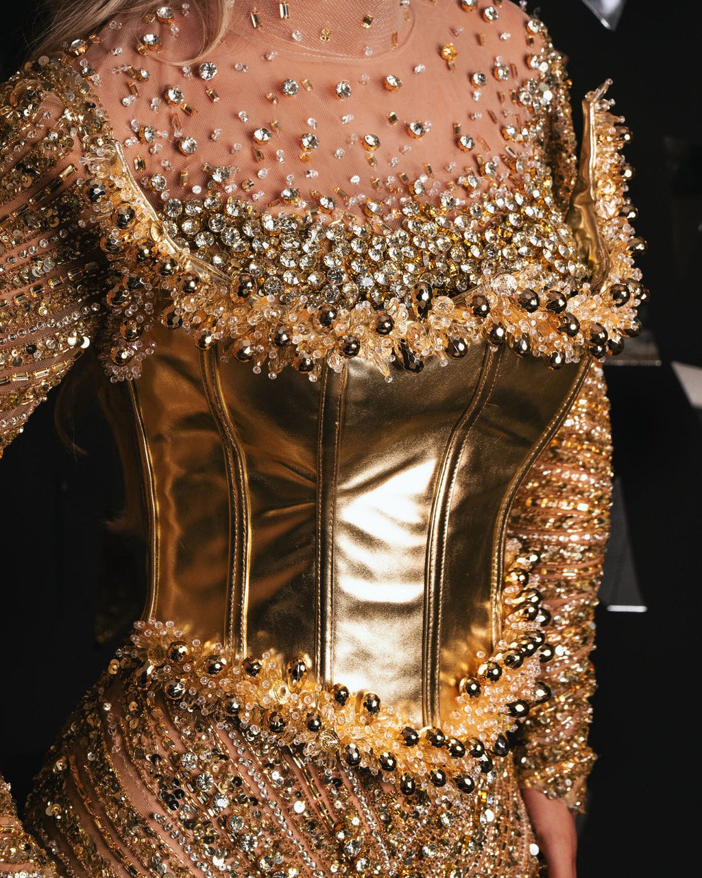 Morosa Gold Dress with Sequins and Metallic Leather