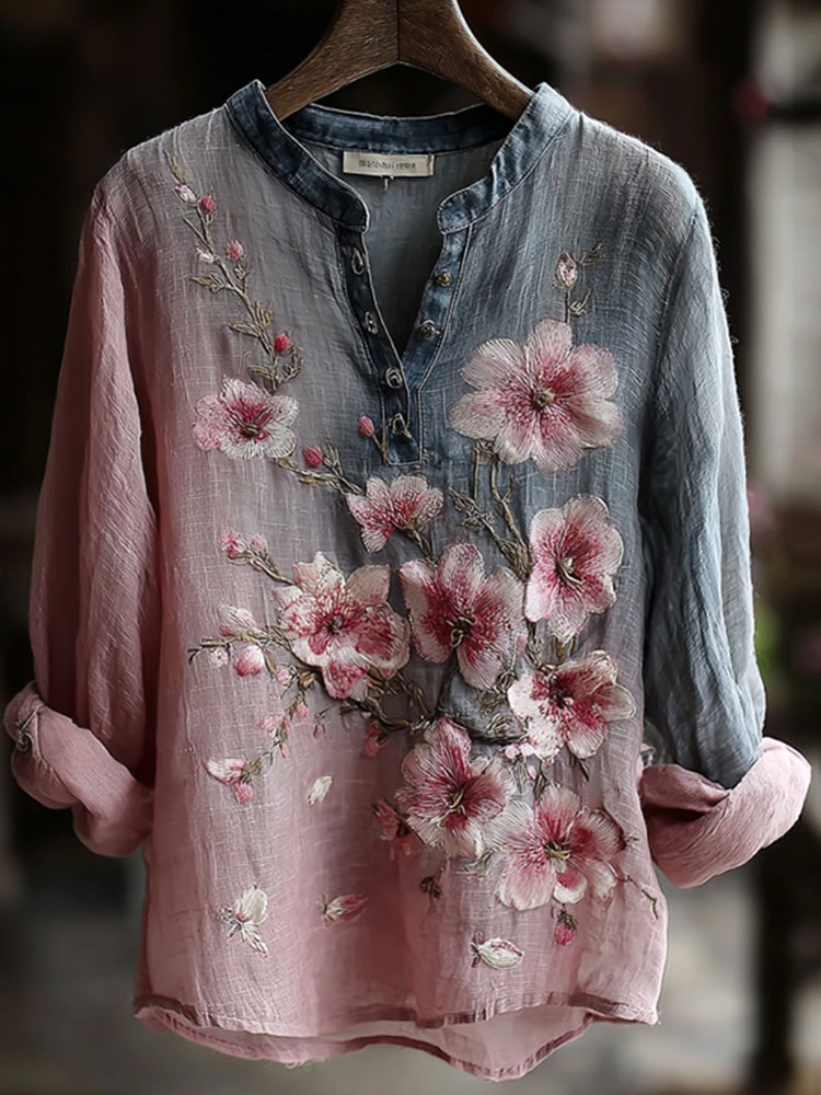 Women's Vintage Floral Gradient Embroidered Art Print Casual Shirt