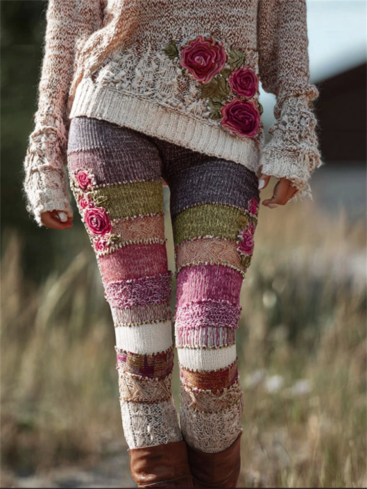 Vintage Pink Roses Colorblock Stitched Cozy Knit Leggings
