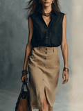 Bohemian Resort Khaki Sleeveless Button-Front Midi Skirt Set