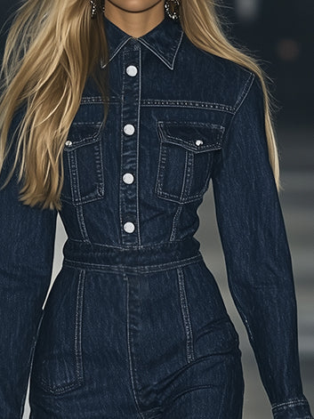 [24-hour shipping out]Casual Slim Fit Vintage Lace-up Long Sleeve Denim Maxi Dress