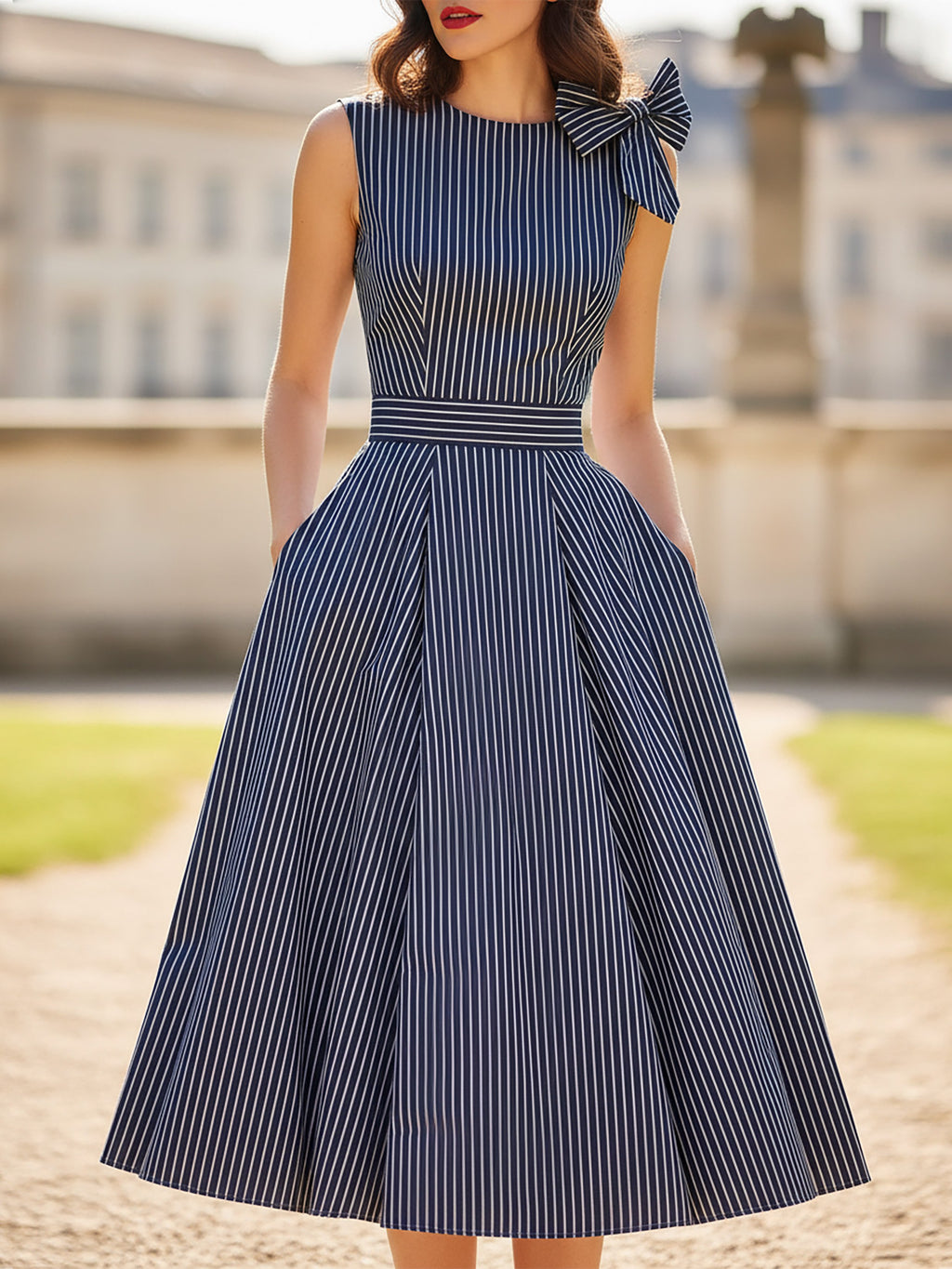 Midi Cotton Dress, Sleeveless, Round Neck, Striped, Bow, French Vintage, Blue