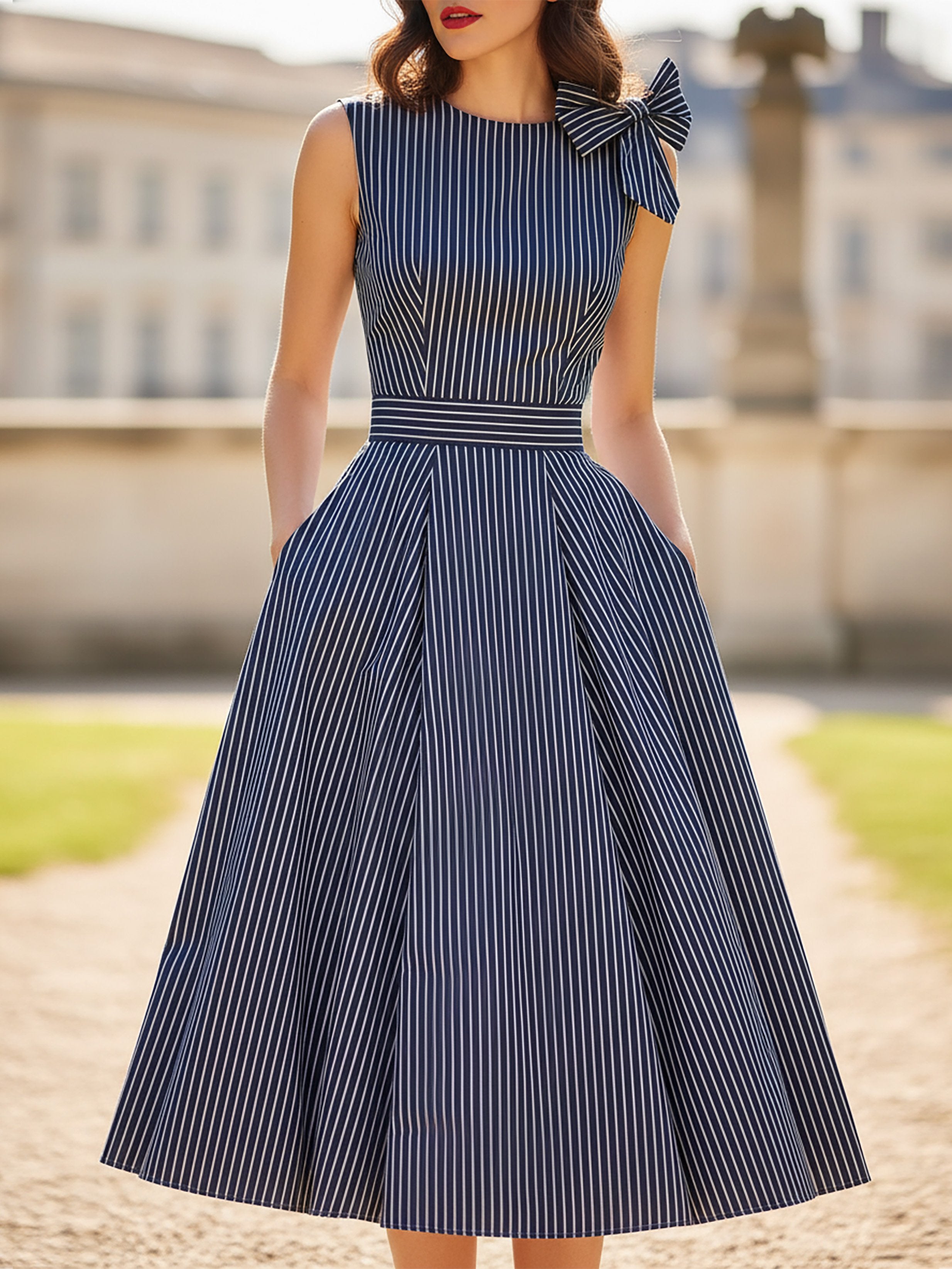 Midi Cotton Dress, Sleeveless, Round Neck, Striped, Bow, French Vintage, Blue