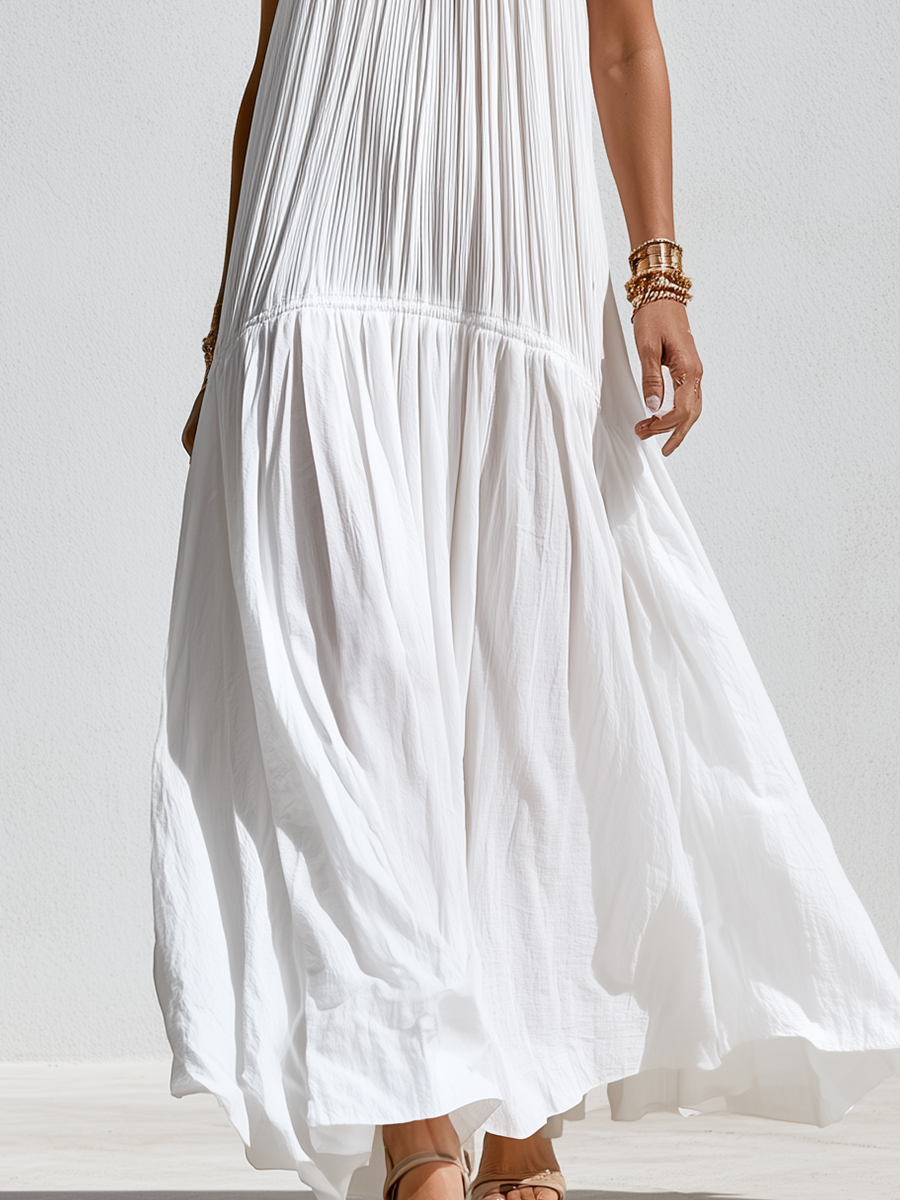 Bohemian White Lace Trimmed V-neck Maxi Dress