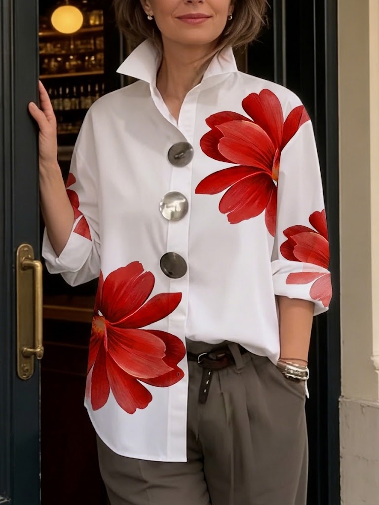 Casual Cotton Shirt With Decorative Buckle And Artistic Floral Print