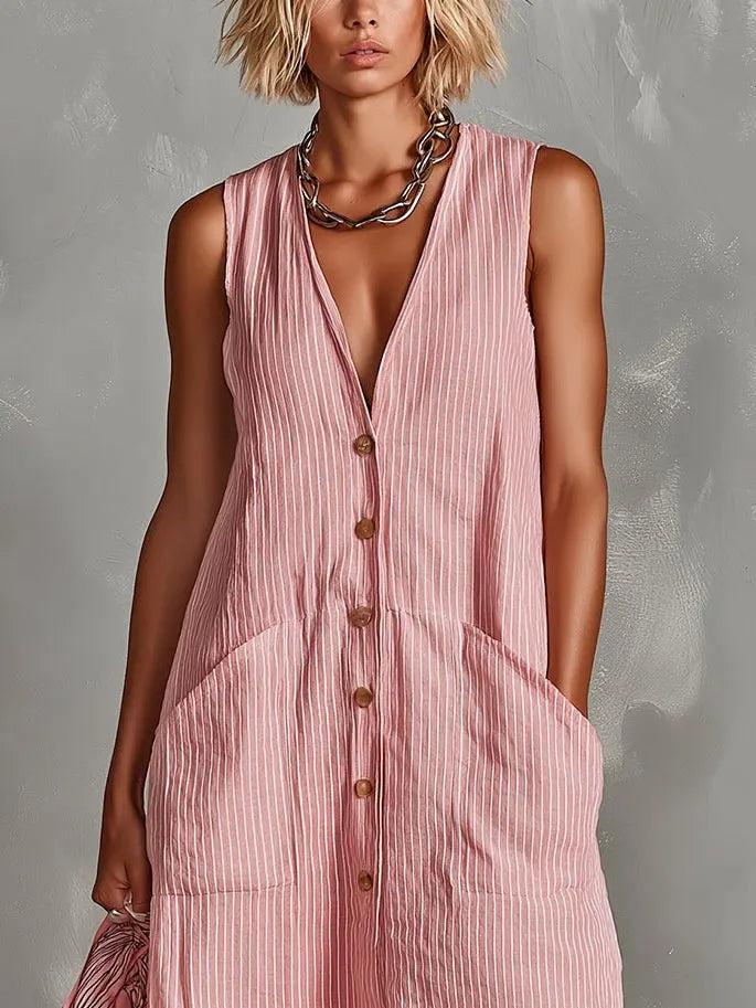 Pink White Striped V-neck Sleeveless Single-breasted Patch Pocket Maxi Dress