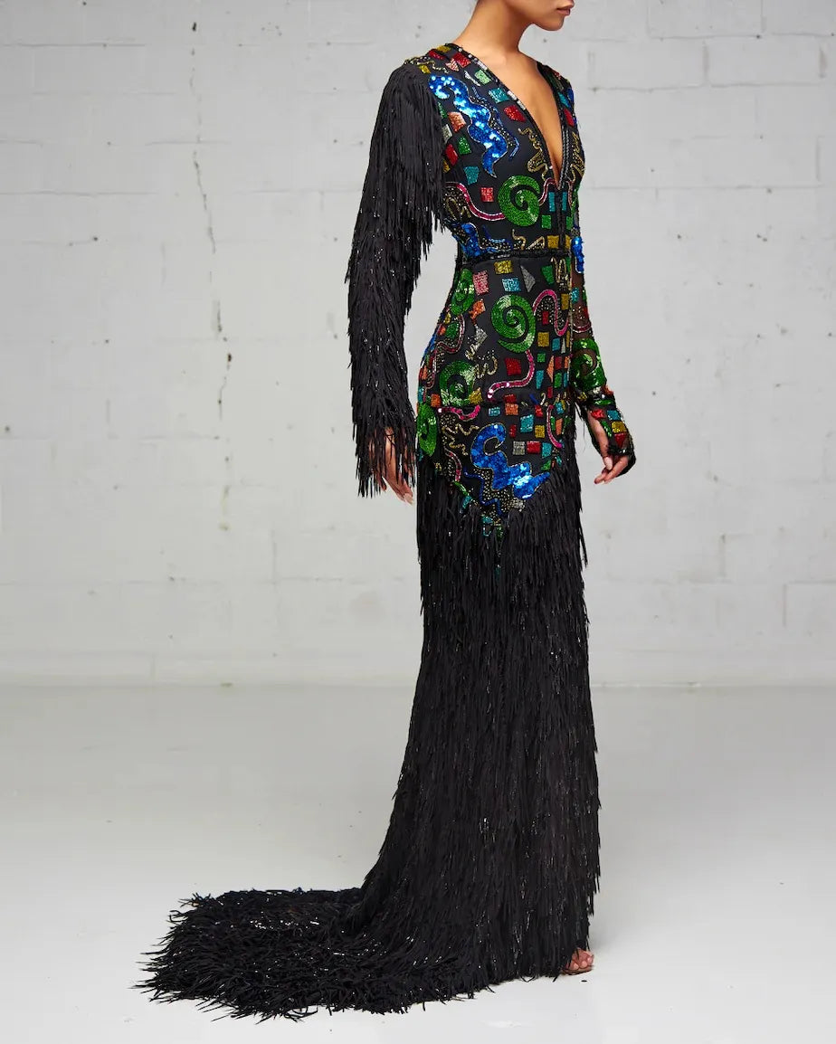 Beaded and Fringe Multi-Colored Slit Dress