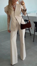 Beige Lace Sleeve Blazer Pants Set
