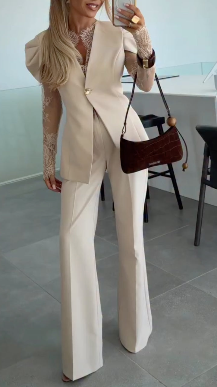 Beige Lace Sleeve Blazer Pants Set