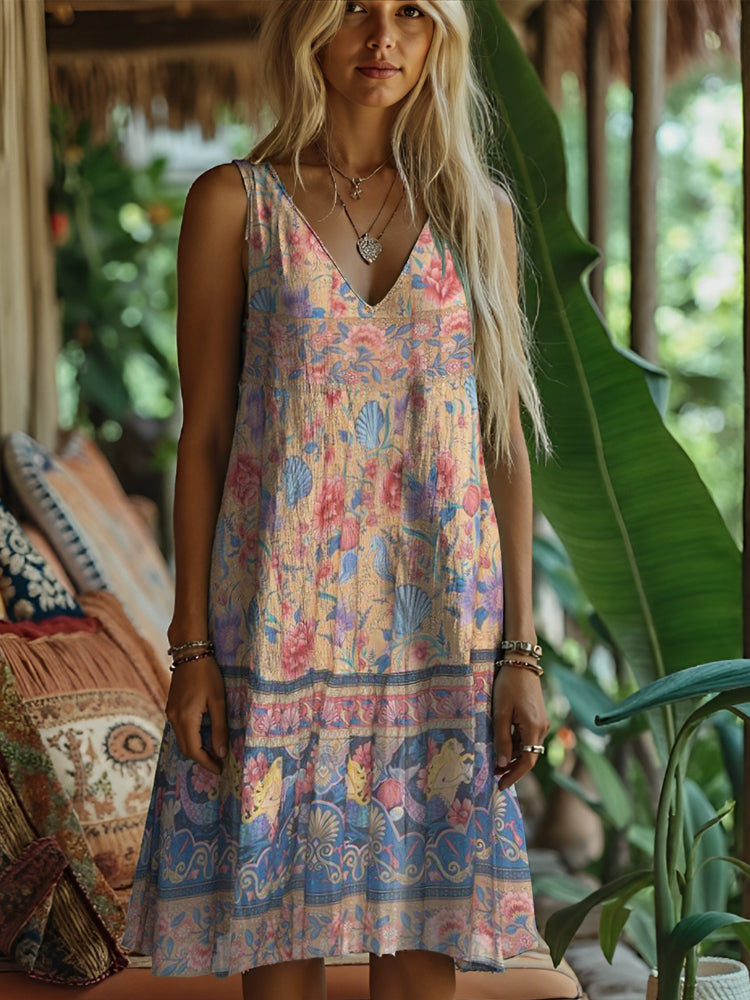 Boho Floral Print Women's Linen Vest Dress