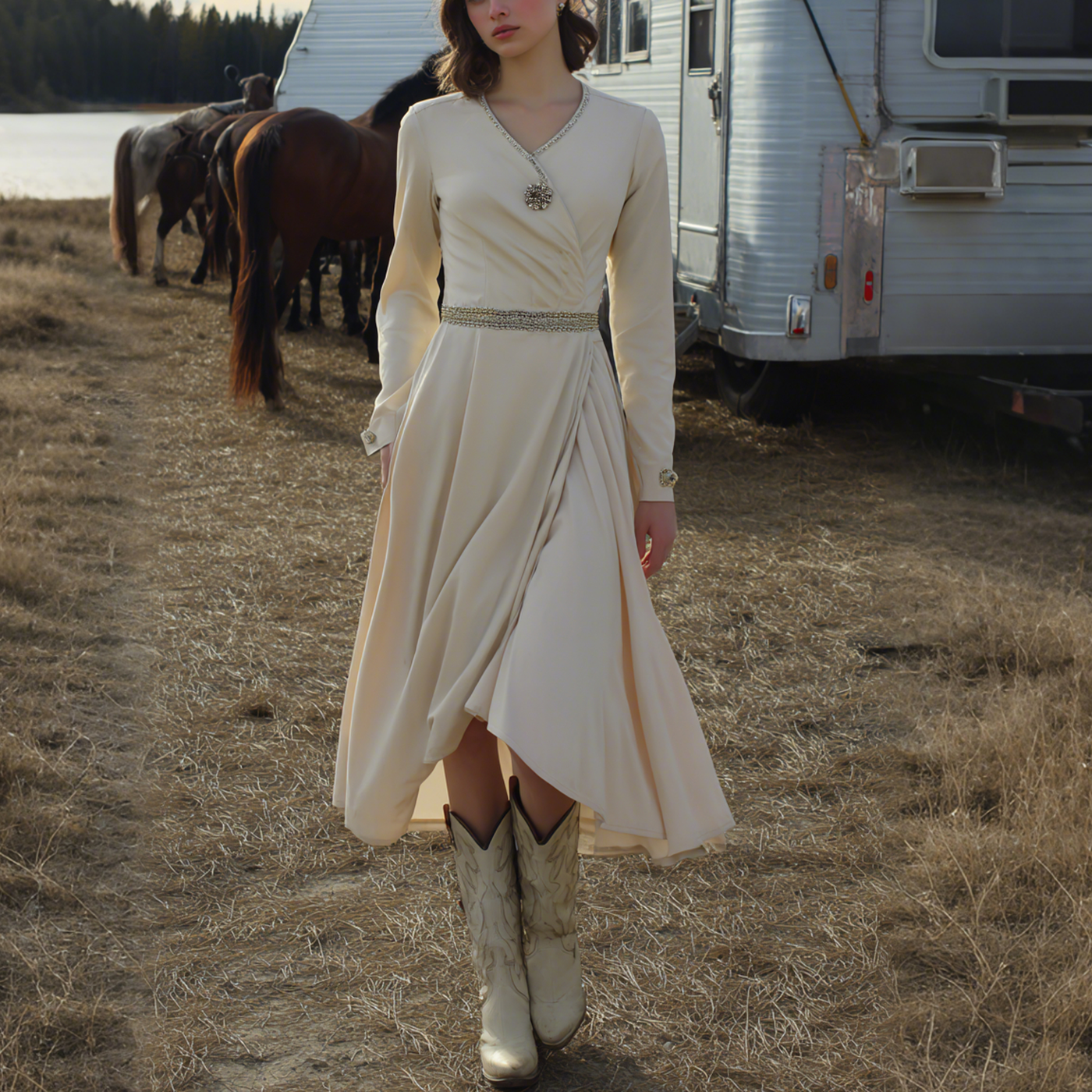 Women's Retro Western Style V-Neck Long Sleeve Dress