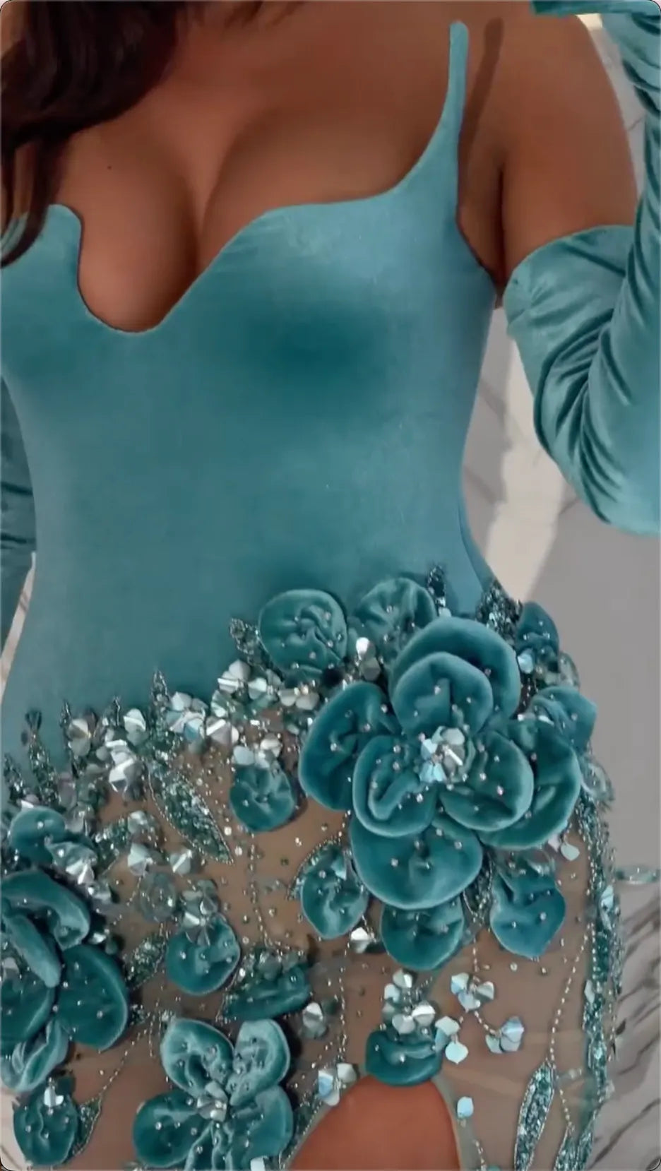 Spaghetti Strap Velvet Bodice 3D Floral Rhinestone Sheer Mermaid Evening Gown, Turquoise Detachable Long Gloves High Slit Formal Dress