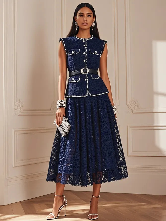 Women Tweed Purplish blue Piping Lace Crew Neck Sleeveless Dressy Coat With Skirt  Two-Piece Set
