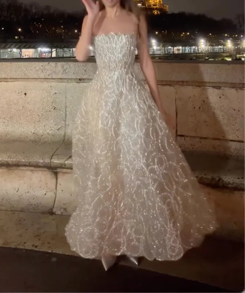 Strapless Scalloped Neck Glitter Tulle A-Line Maxi Dress Sparkly Beaded Formal Evening Gown