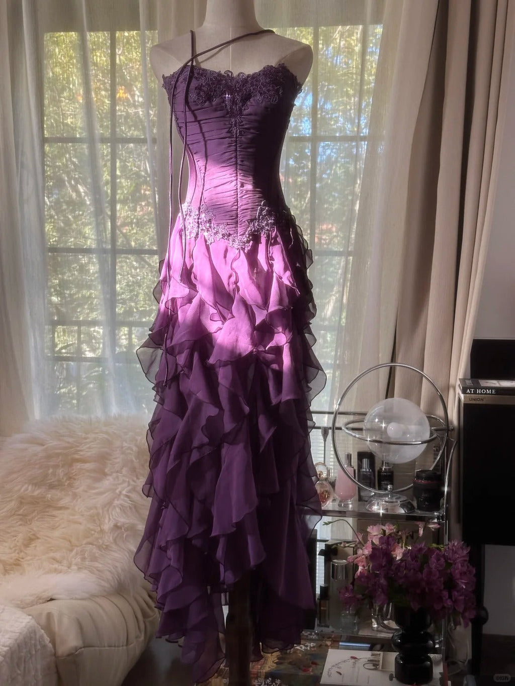 Purple Chiffon Vintage Evening Dresses, Sleeveless Long Party Gowns  25502