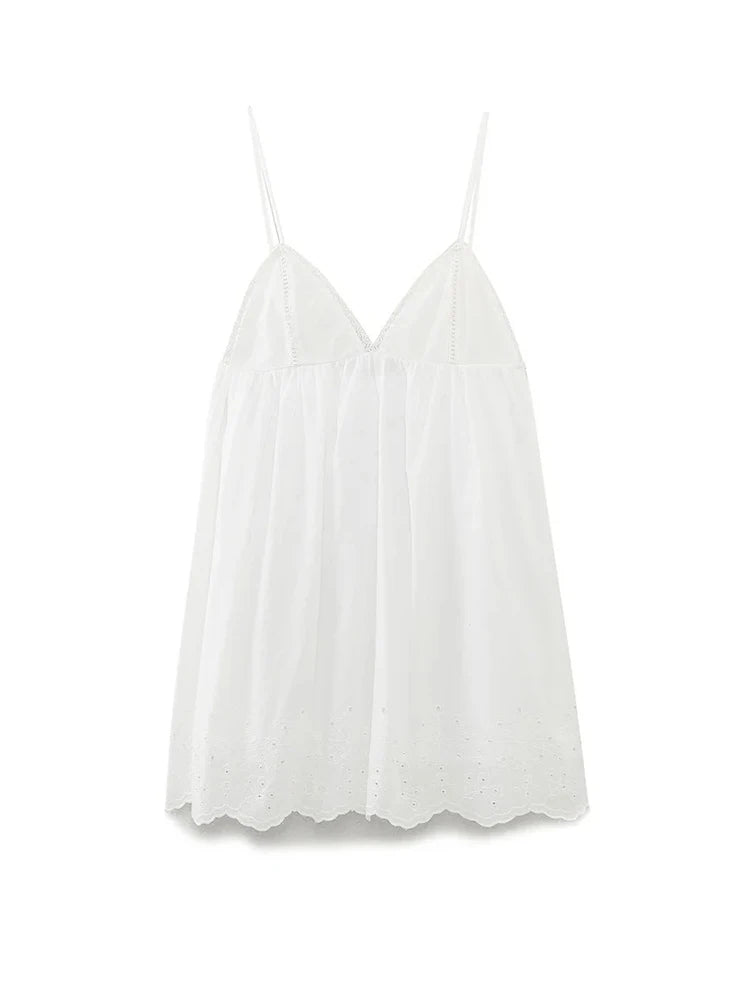 Amaris White Embroidered Cotton Mini Sundress – Strappy Summer Holiday Day Dress for Women