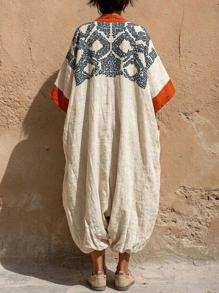 Women's Vintage Art Print V-neck Long Sleeve Cotton Linen Jumpsuit