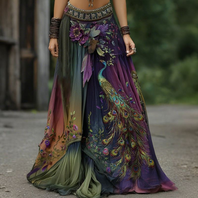 Vintage Classy Gradient Peacock With Floral Embroidered Art Linen Blend Casual Skirt