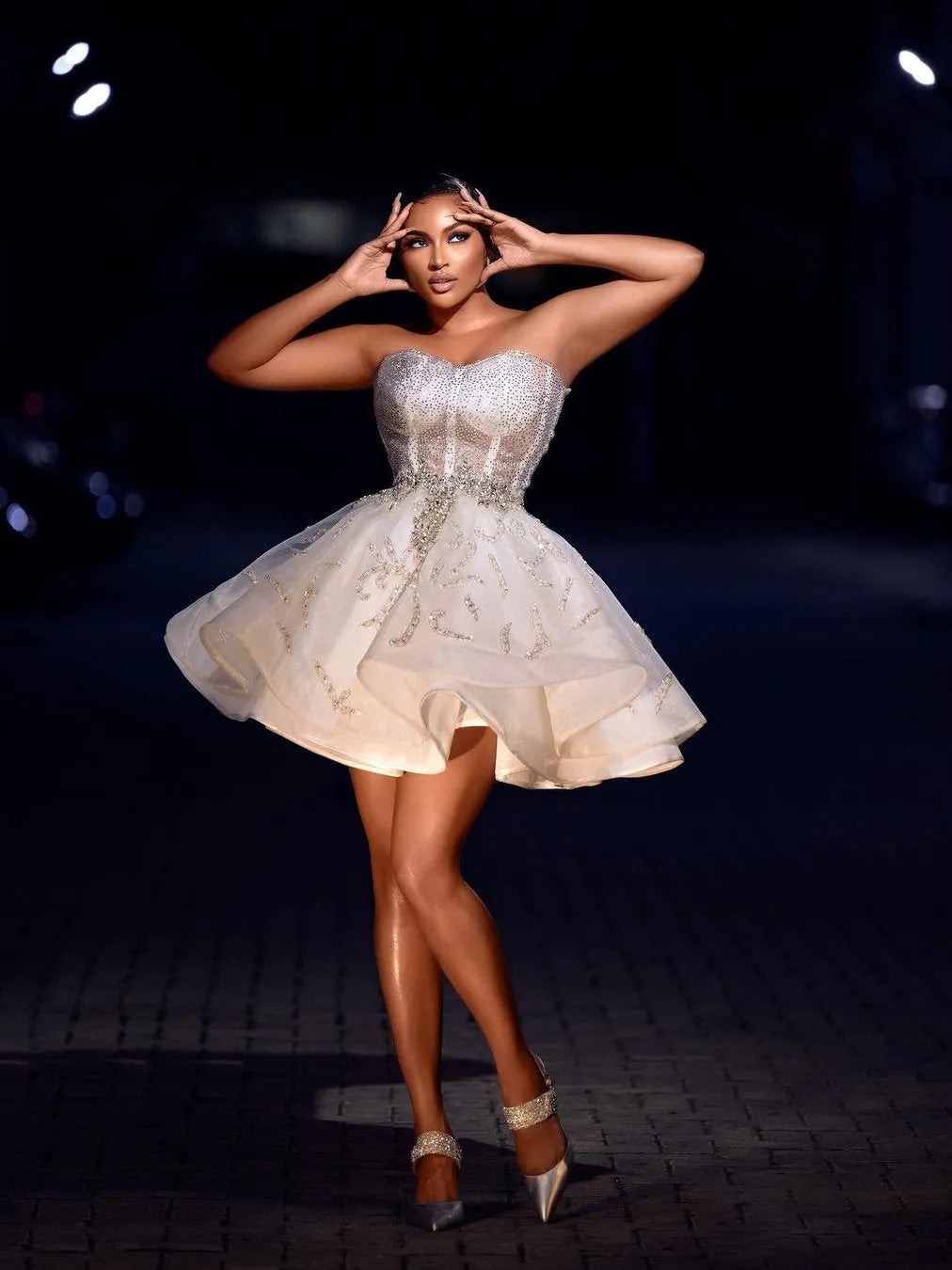 Stylish Tube Top Off-the-shoulder White Mesh Shinny Rhinestone Mini Party Dress