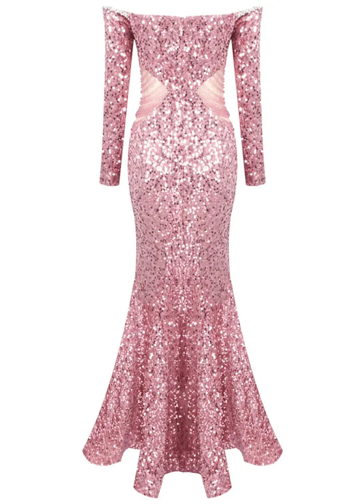 Long Sleeve Bardot Crystal Sequin Maxi Dress Pink