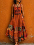 Women's Vintage-print Square-neck Sleeveless Loose-fit Cotton-linen Casual Dress