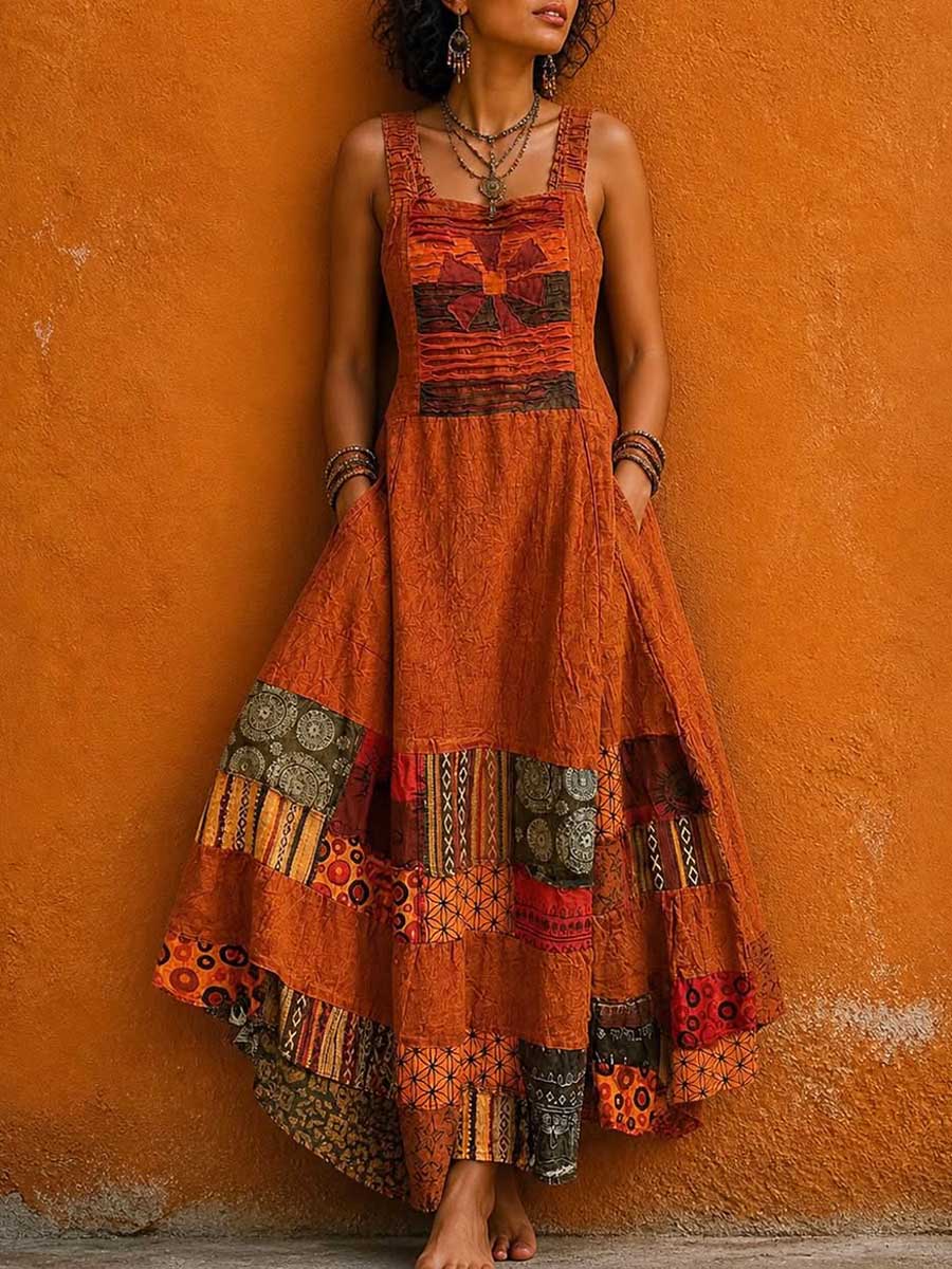 Women's Vintage-print Square-neck Sleeveless Loose-fit Cotton-linen Casual Dress
