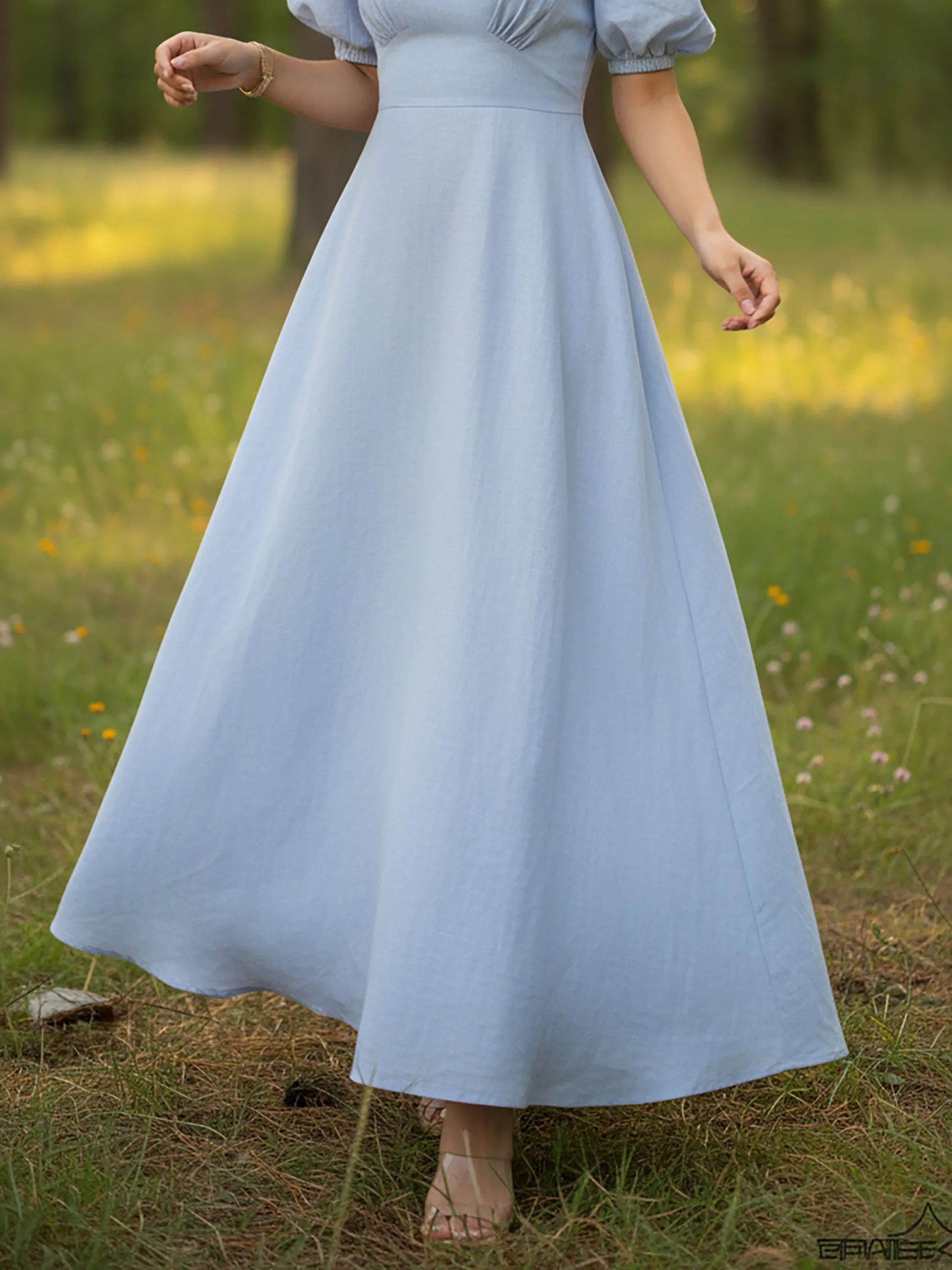 Maxi Linen Dress, Short Sleeves, Sweetheart Neck, Plain, Vintage, Blue