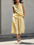 Women's Casual Sleeveless Simple Cotton Linen Shorts Set