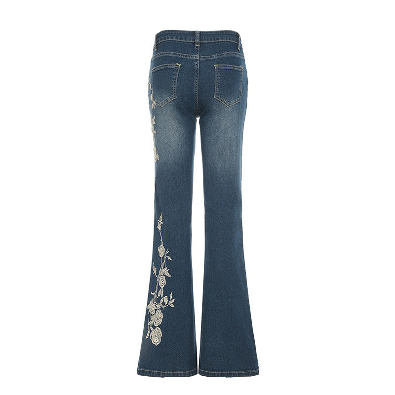 Vintage Bohemian Rose Embroidered Washed Flared Jeans
