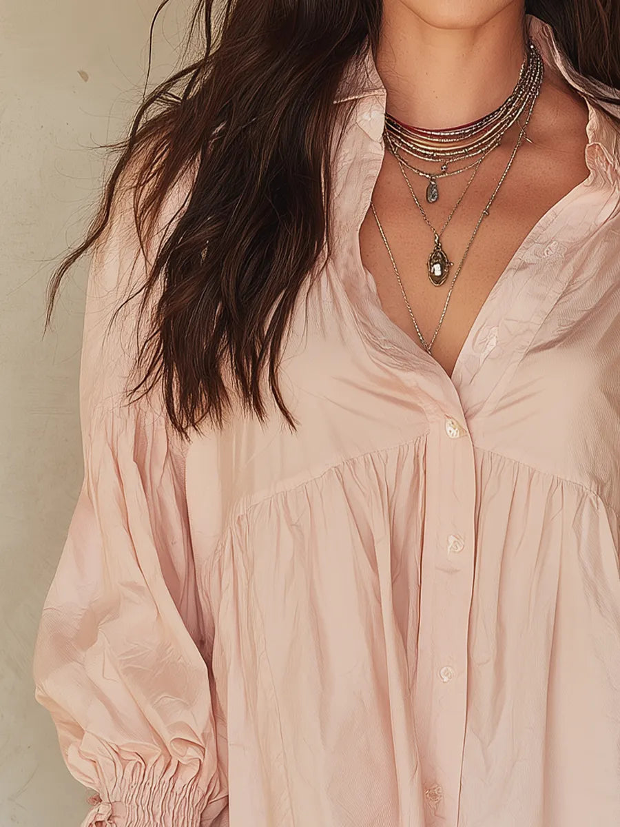 Relaxed Blush Gathered Button-Up Blouse