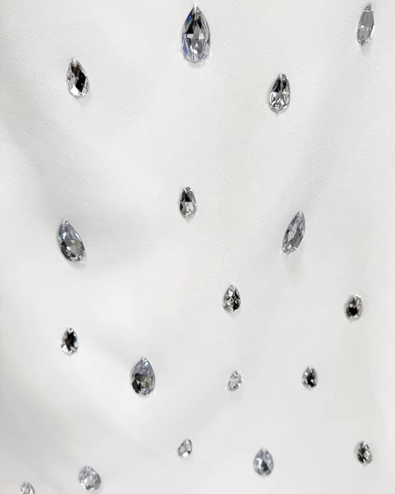 Long Sleeve Bardot Crystal Maxi Dress White