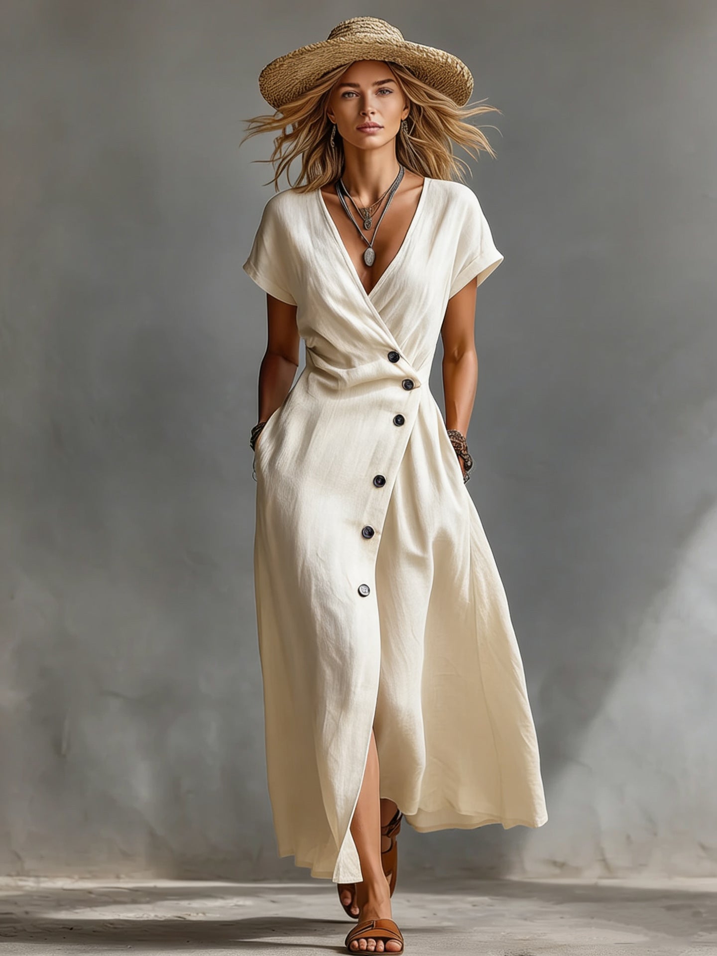 Vintage V-Neck Button Maxi Dress with Pockets