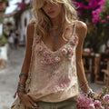 Vintage Pink Rose Embroidery Linen Comfy Camisole