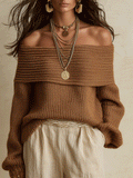 Cozy Autumn Chunky-Knit Drop-Shoulder Slouchy Brown Pullover Sweater