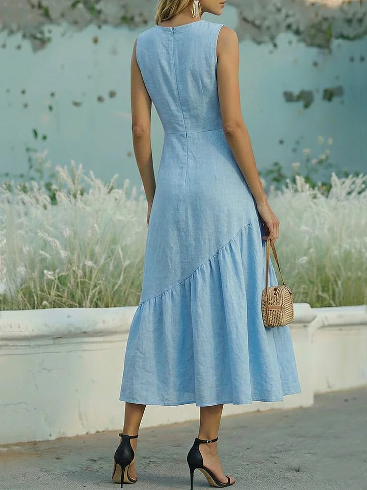 Women's Sleeveless Linen And Cotton Ruffle Hem Dress